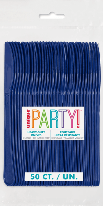 Stack of 50 navy blue heavy-duty plastic knives in packaging labeled "unique PARTY" with text indicating they are reusable and dishwasher safe.
