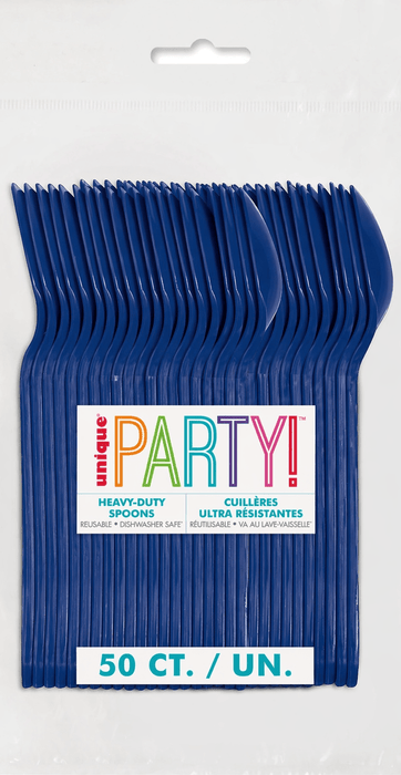 Fifty navy blue reusable plastic spoons arranged in a fanned stack against white packaging labeled "PARTY" in colorful letters and marked "50 CT.