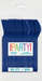 Fifty navy blue reusable plastic spoons arranged in a fanned stack against white packaging labeled "PARTY" in colorful letters and marked "50 CT.