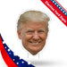 Cardboard cutout head with blonde hair and smiling face on stick supports, with red and blue patriotic striped banner labeled "Election Yard Signs" in upper corners.