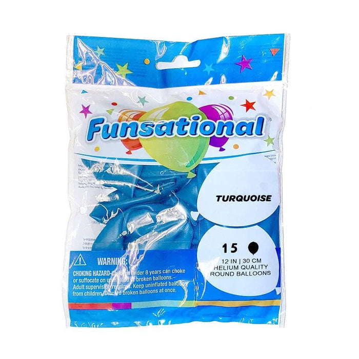 Package of 15 turquoise 12-inch helium-quality round latex balloons with colorful star designs on the blue and white packaging.