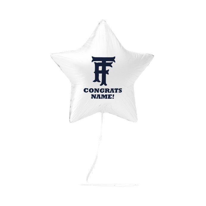 White star-shaped foil balloon with navy blue "TF" logo and "CONGRATS NAME!" text printed on the front.