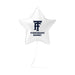 White star-shaped foil balloon with navy blue "TF" logo and "CONGRATS NAME!" text printed on the front.