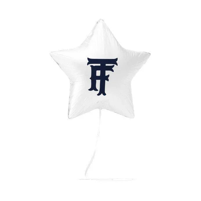 White star-shaped mylar balloon with dark blue "TF" initials printed in the center, shown with a string attached.