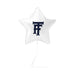 White star-shaped mylar balloon with dark blue "TF" initials printed in the center, shown with a string attached.