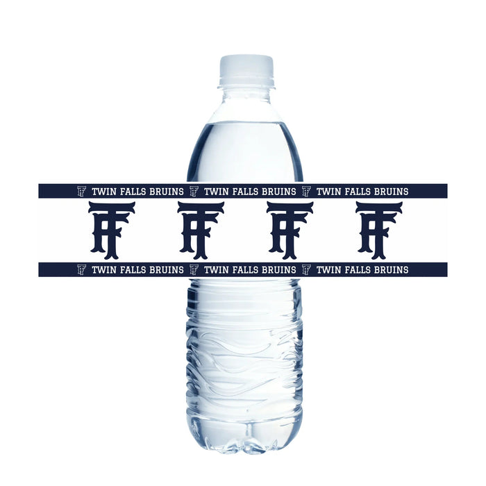 Clear plastic water bottle with white cap wrapped with Twin Falls Bruins navy blue and white decorative bands featuring the TF logo and school name repeated across the label.