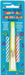Musical birthday candle with blue and red striped wrapper and white cylindrical body that plays music when lit, displayed on blue packaging with colorful musical note graphics.