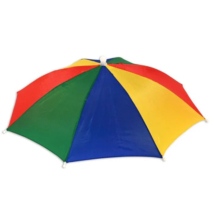 Colorful umbrella hat with alternating panels in red, yellow, blue, and green, featuring a white handle loop at the top.