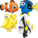 Four colorful cartoon fish characters including an orange clownfish, blue tang, yellow pufferfish, and black-and-white fish with yellow fins arranged on a white background.