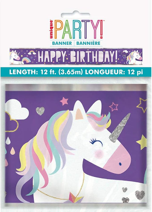 Purple "Happy Birthday" banner featuring a white unicorn with rainbow mane, colorful stars, hearts, and clouds, measuring 12 feet long.