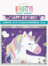 Purple "Happy Birthday" banner featuring a white unicorn with rainbow mane, colorful stars, hearts, and clouds, measuring 12 feet long.