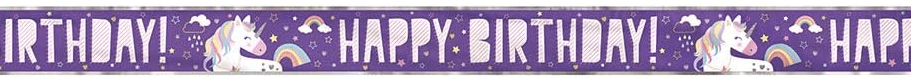 Purple banner with white unicorn and rainbow designs alternating with "Happy Birthday" text repeated across the length.