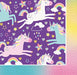 Purple napkin with unicorns, rainbows, stars, hearts, clouds, and moons in pastel colors, featuring a coordinating gradient border in yellow, pink, and turquoise.
