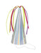 Iridescent cone-shaped party hat with colorful ribbons cascading from the top and an elastic chin strap.
