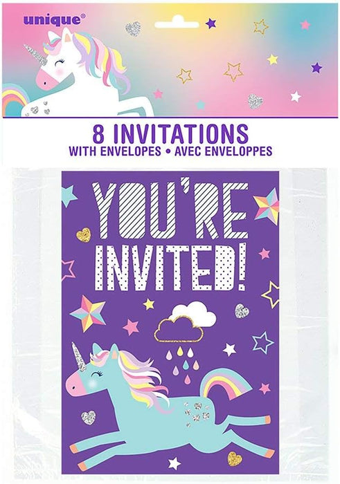 Package of eight unicorn-themed party invitations with envelopes featuring a colorful unicorn, rainbow, stars, and clouds on a purple background.