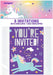 Package of eight unicorn-themed party invitations with envelopes featuring a colorful unicorn, rainbow, stars, and clouds on a purple background.