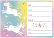 Unicorn-themed birthday invitation cards featuring white unicorns with rainbow manes on a pastel gradient background with stars, including fillable lines for name, date, time, place, RSVP, and email.