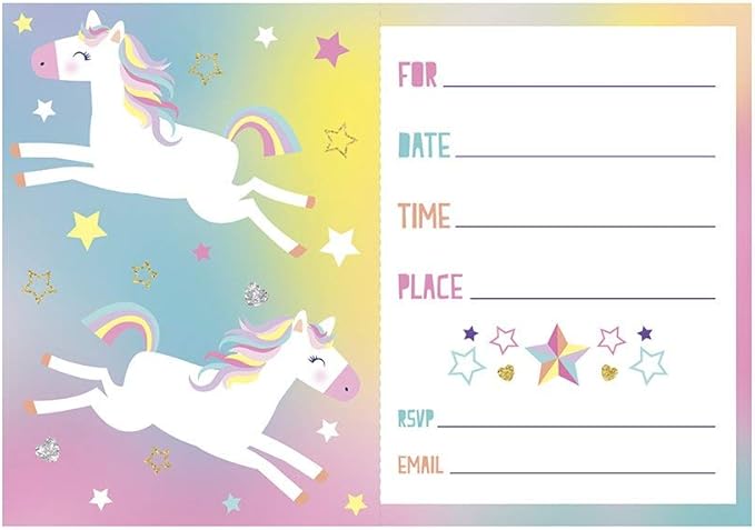 Unicorn-themed birthday invitation cards featuring white unicorns with rainbow manes on a pastel gradient background with stars, including fillable lines for name, date, time, place, RSVP, and email.