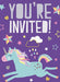 Purple invitation card featuring a pastel blue unicorn with rainbow mane, surrounded by colorful stars, clouds, and rainbows, with white "YOU'RE INVITED!" text at the top.