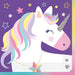 Purple and pink napkins featuring a white unicorn with rainbow mane, closed eyes, and glitter horn surrounded by gold and outlined stars.