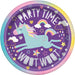 Purple disposable plate featuring a pastel unicorn with rainbow mane leaping over clouds and stars, surrounded by "Party Time" text and magical design elements in gold, pink, and blue tones.