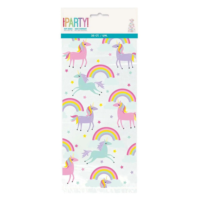 Package of 20 unicorn and rainbow-themed cellophane gift bags in pastel pink, purple, and mint green with colorful stars and rainbow designs.
