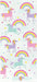 White cellophane bag featuring colorful unicorns with rainbow manes and multiple rainbow arcs scattered throughout with stars in pink, purple, yellow, and mint green.