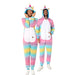 Two people wearing pastel rainbow unicorn onesies with white bellies, colorful striped sleeves and legs, golden horns, and blue hoods with ear details.