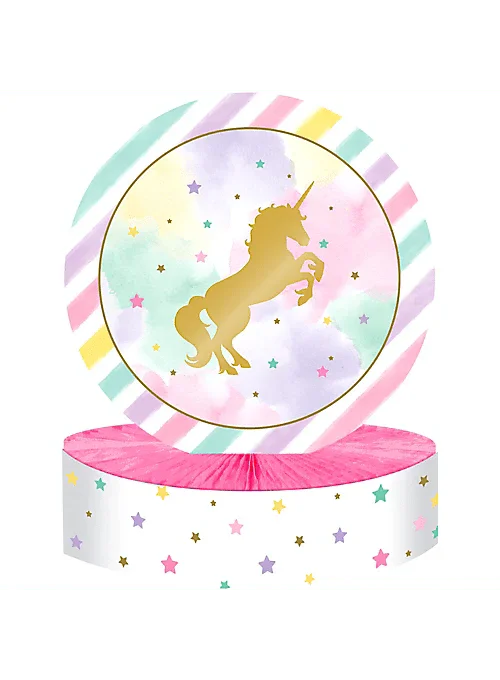 Gold unicorn centerpiece with pastel rainbow striped backdrop, white base decorated with colorful stars, and pink ruffled trim.