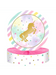 Gold unicorn centerpiece with pastel rainbow striped backdrop, white base decorated with colorful stars, and pink ruffled trim.