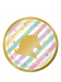 Gold unicorn silhouette on a pastel striped paper plate with colorful stars and gold rim.