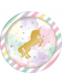 Round paper plate with a gold unicorn silhouette in the center surrounded by colorful stars, featuring a pastel rainbow striped border in pink, purple, yellow, and mint green.