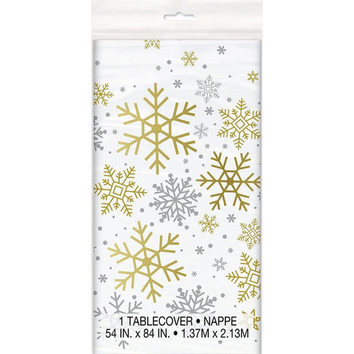 A packaged 54"x84" Christmas Holiday Snowflakes Tablecover.