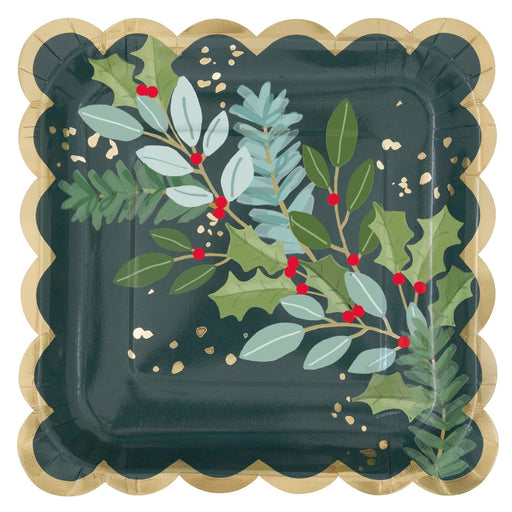 A Unique Industries 9 Inch Christmas Holly Days Square Paper Plate.