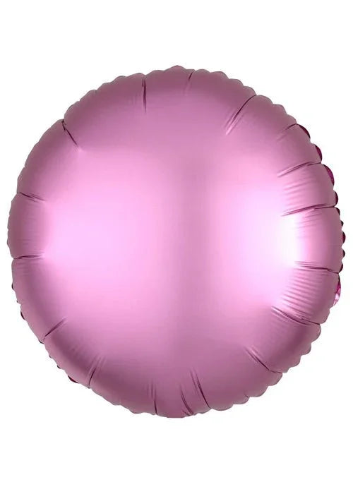 Round pink satin mylar balloon with a luminous gradient finish and crimped edges throughout the surface.