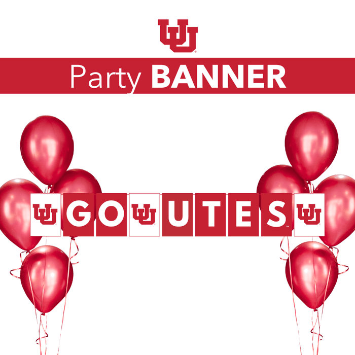 University of Utah party banner with red and white pennant flags spelling "GO UTES" flanked by red metallic balloons on either side.