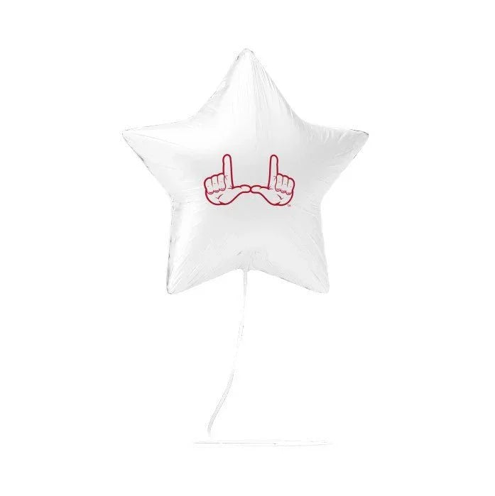 White star-shaped mylar balloon featuring a pink outlined hand gesture symbol in the center, displayed against a white background.