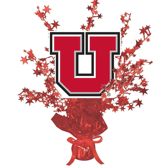 Red Block U logo with black outline on a red and silver foil wrapped base, surrounded by red star sprays extending upward.