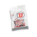 Clear plastic package containing red and black confetti pieces with a white label featuring a red "U" logo and feather design at the top.