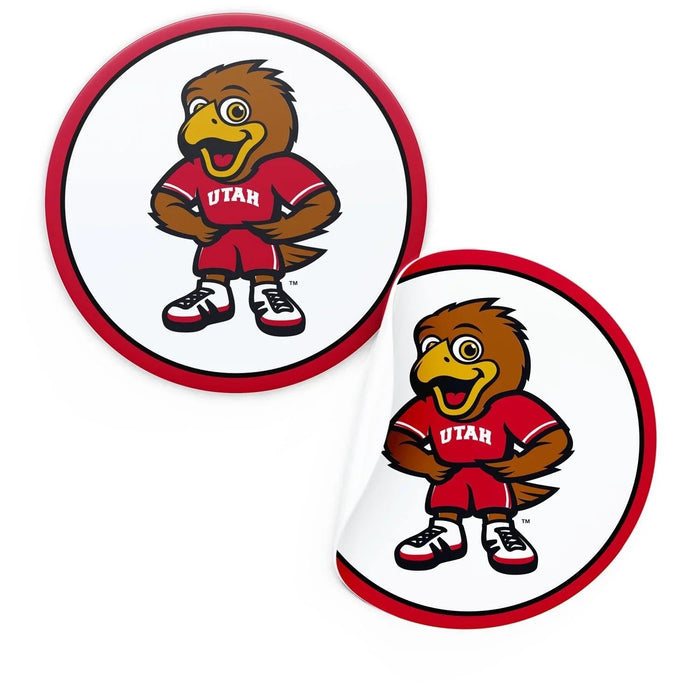 Two circular red-bordered stickers featuring Utah's brown eagle mascot wearing a red jersey labeled "UTAH" with white and red sneakers.