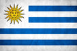Uruguay flag featuring nine horizontal blue and white stripes with a yellow sun symbol in the upper left corner on a white background.