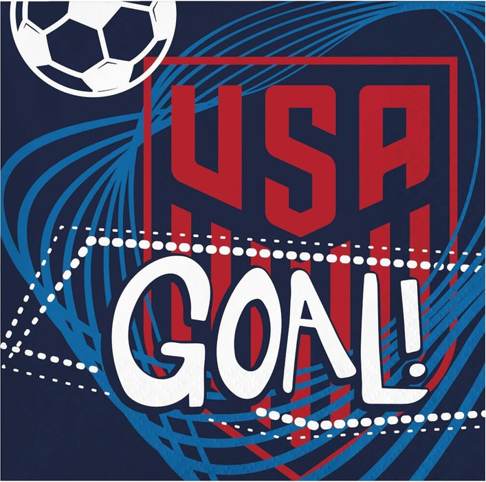 Dark navy napkin package with large red "USA" text and white "GOAL!" lettering, decorated with a soccer ball and blue wave design elements.