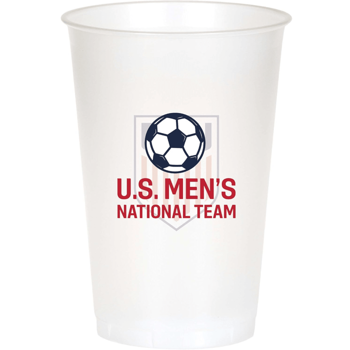 White plastic cup featuring a navy soccer ball icon above red text reading "U.S. MEN'S NATIONAL TEAM" with a shield outline below.