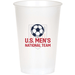White plastic cup featuring a navy soccer ball icon above red text reading "U.S. MEN'S NATIONAL TEAM" with a shield outline below.