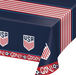 Dark blue plastic tablecloth with red and white striped border, USA soccer shield logos, and "GOAL" text with soccer balls printed along the edges.
