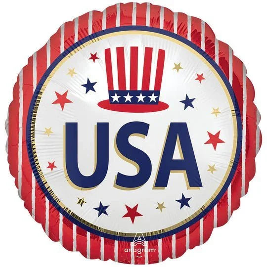 Red and white striped round mylar balloon with "USA" in blue letters, a red and white star-spangled top hat, and red, white, and gold stars scattered around the design.