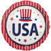 Red and white striped round mylar balloon with "USA" in blue letters, a red and white star-spangled top hat, and red, white, and gold stars scattered around the design.