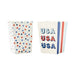 Two patriotic popcorn boxes with scalloped tops: one featuring red, blue, and tan stars allover, the other displaying "USA" text in red and blue with matching striped sides.