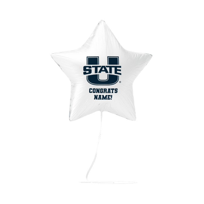 White star-shaped mylar balloon with Utah State University logo and "CONGRATS NAME!" text in dark blue, attached to a string.