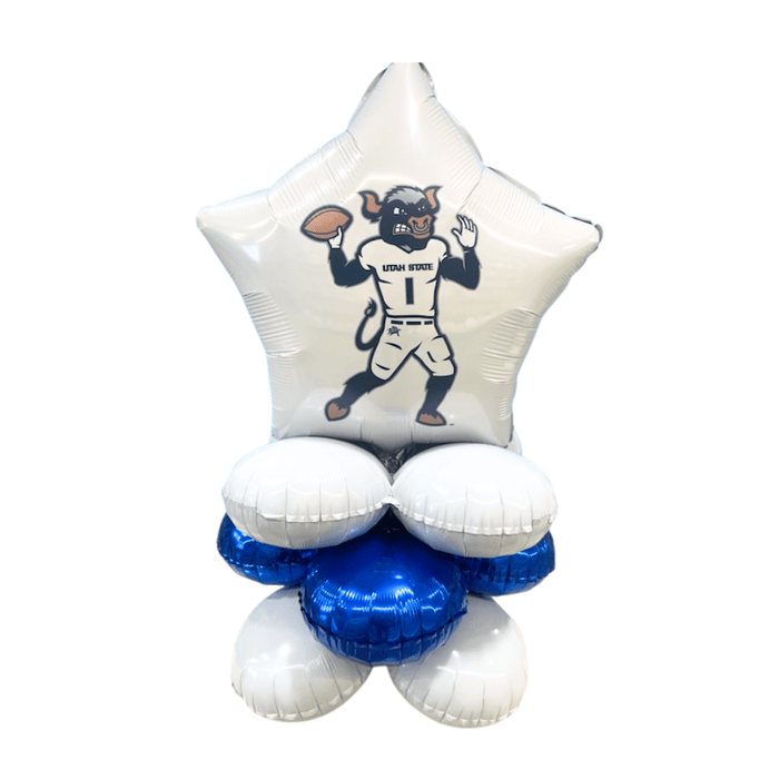White star-shaped foil balloon featuring a blue devil mascot in football uniform labeled Utah State, mounted on a blue and white balloon quad base.